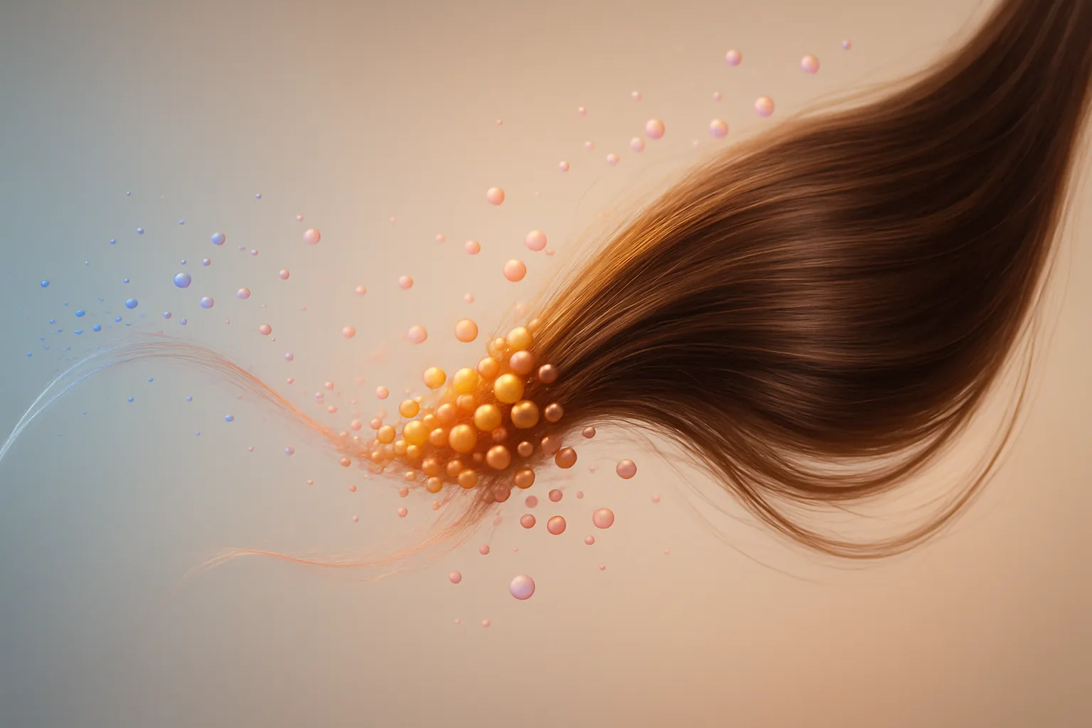 Metáfora visual artística mostrando transformação de fio capilar fino para grosso com partículas coloridas representando hormônios tireoidianos (azul-púrpura), moléculas de ferro (âmbar) e estrogênio (rosa suave) em composição editorial premium