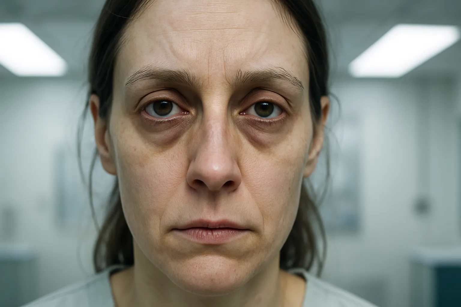 Close-up do rosto de uma pessoa mostrando sinais visíveis de fadiga crônica causada por hipotireoidismo, com olheiras profundas e expressão de cansaço extremo