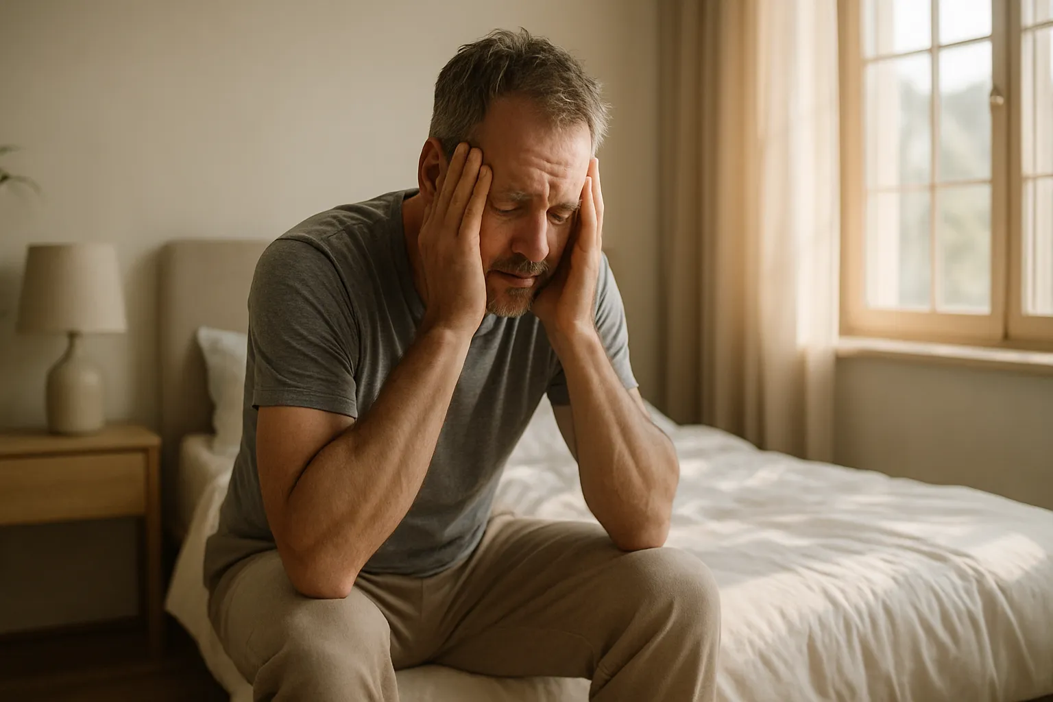 Homem de meia-idade sentado na cama pela manhã demonstrando fadiga crônica e baixa energia, sintomas comuns de testosterona baixa