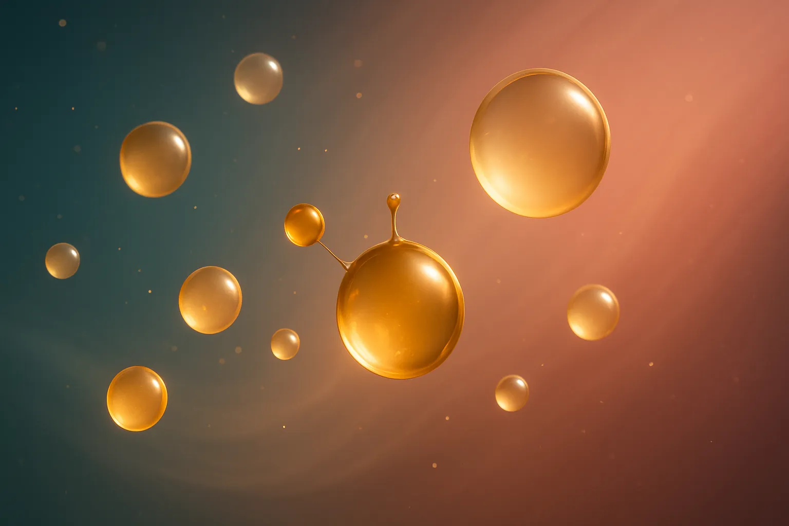 Representação conceitual do equilíbrio hormonal feminino com esferas douradas e âmbar suspensas em gradiente teal-rose, simbolizando a integração da testosterona no bem-estar feminino