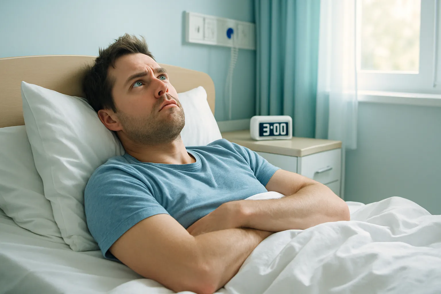 Pessoa deitada na cama acordada durante a madrugada demonstrando insônia crônica e dificuldade para dormir