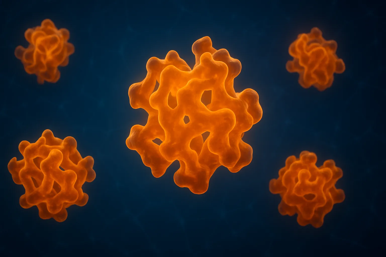 Visualização artística de estruturas proteicas de lipocalina-2 em âmbar brilhante dispersando através de gradiente azul profundo com rede celular sutil, representando alarme de inflamação metabólica