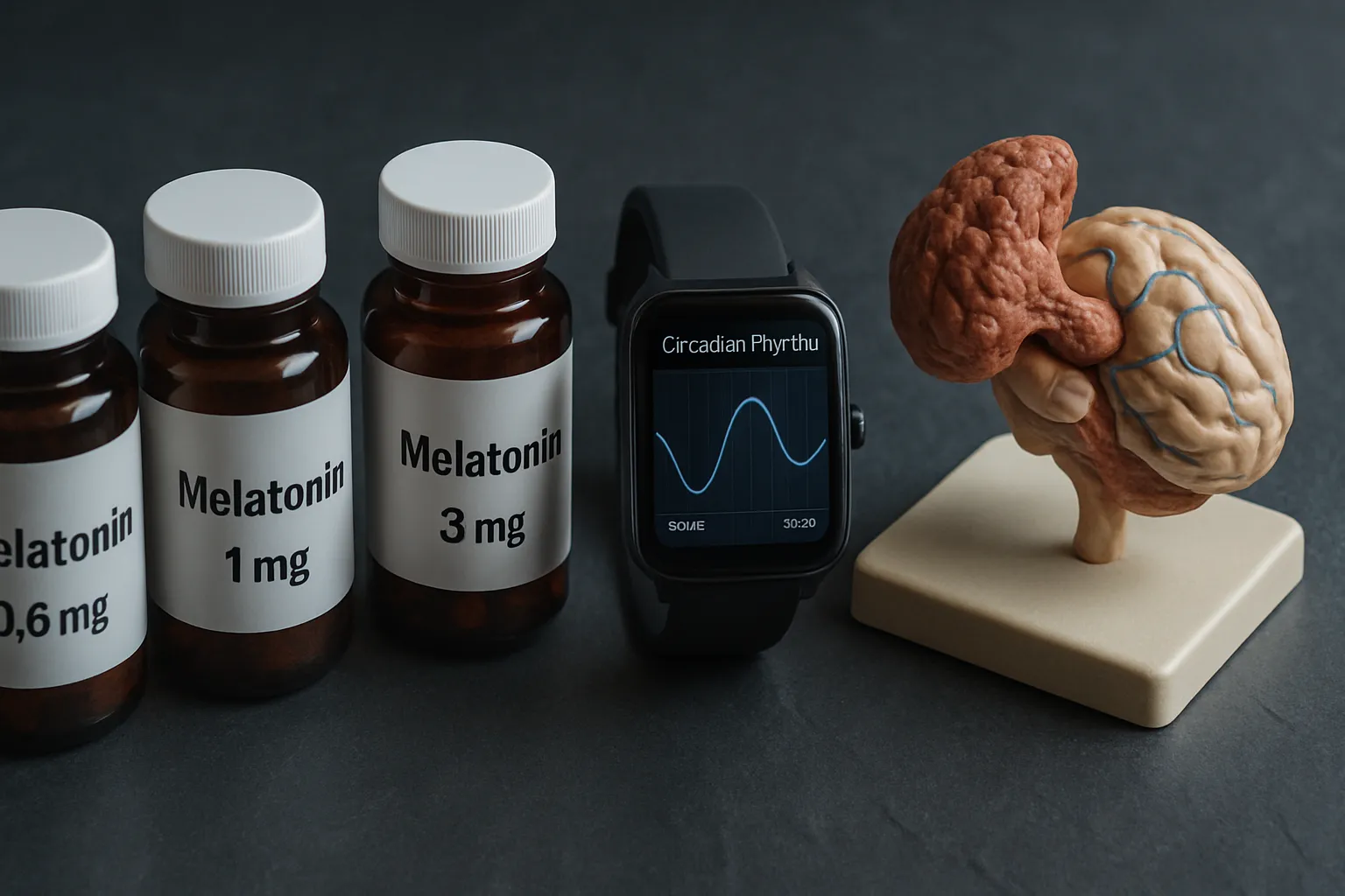 Frascos de suplemento de melatonina em diferentes dosagens, dispositivo de monitoramento de sono e modelo anatômico da glândula pineal
