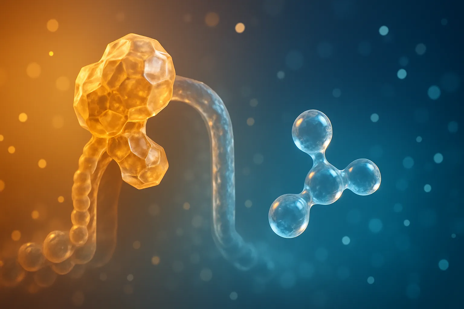 Visualização conceitual do mecanismo de bloqueio do reverse T3, mostrando estruturas moleculares translúcidas em gradiente âmbar e azul, com uma molécula bloqueando receptor celular enquanto hormônio ativo aguarda, representando o freio metabólico tireoidiano