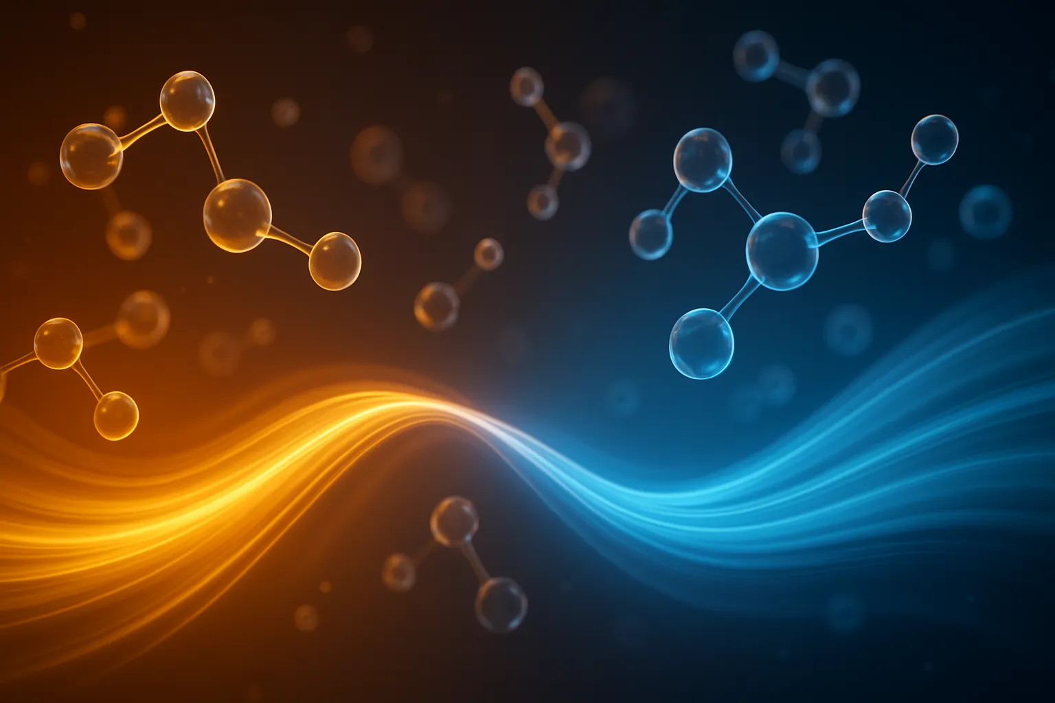 Visualização artística conceitual mostrando a transição metabólica entre modo de armazenamento (gradiente âmbar quente) e modo de queima (gradiente azul frio) com esferas moleculares interconectadas representando a dança hormonal entre glucagon e insulina