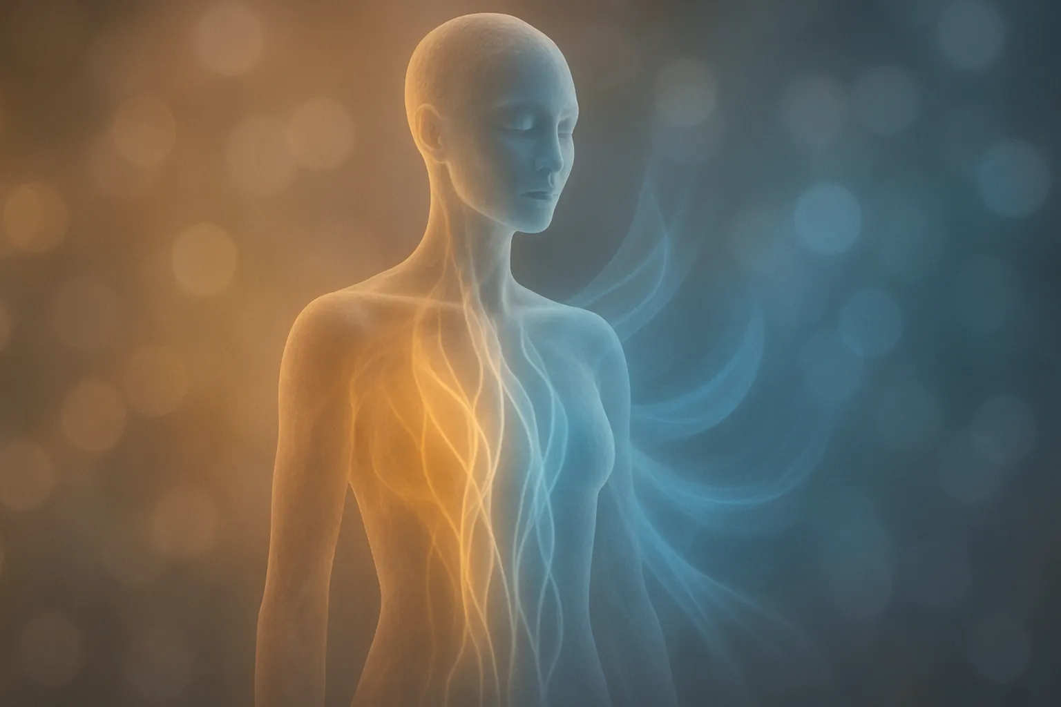 Visualização conceitual artística representando a conexão entre mente, corpo e equilíbrio hormonal através de silhueta etérea com fluxos de energia em gradiente âmbar e azul, simbolizando transformação da autoestima e vitalidade