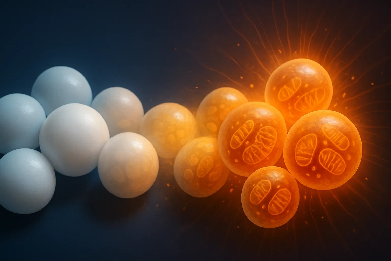 Visualização artística da transformação de células de gordura branca em gordura marrom termogênica através da irisina, com ondas de calor radiantes e mitocôndrias em gradiente âmbar sobre fundo azul marinho