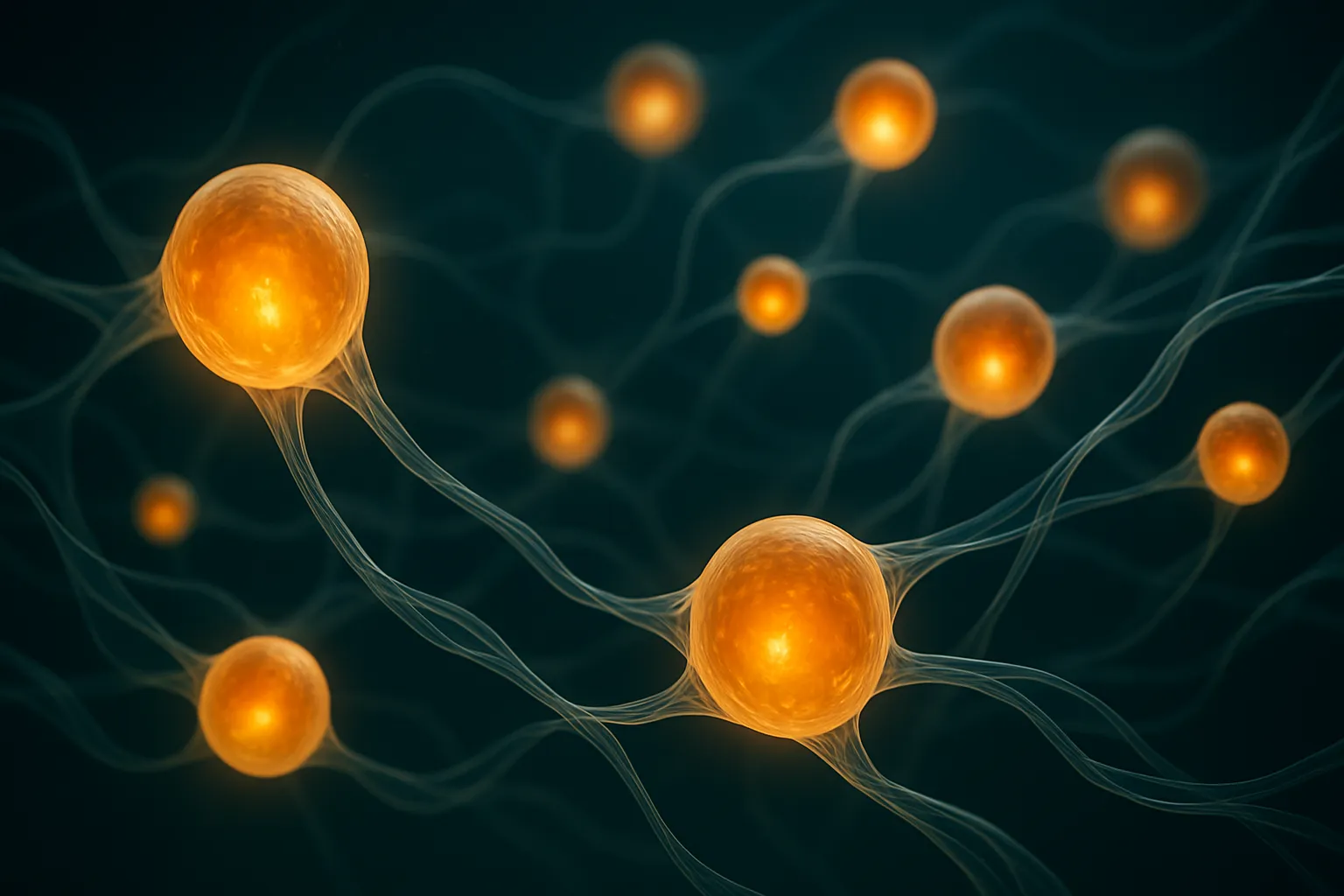 Visualização artística conceitual da sinalização hormonal do MSH, mostrando esferas luminosas âmbar conectadas por vias neurais translúcidas contra fundo gradiente azul-petróleo, representando moléculas mensageiras alpha-MSH viajando pela rede de comunicação do corpo