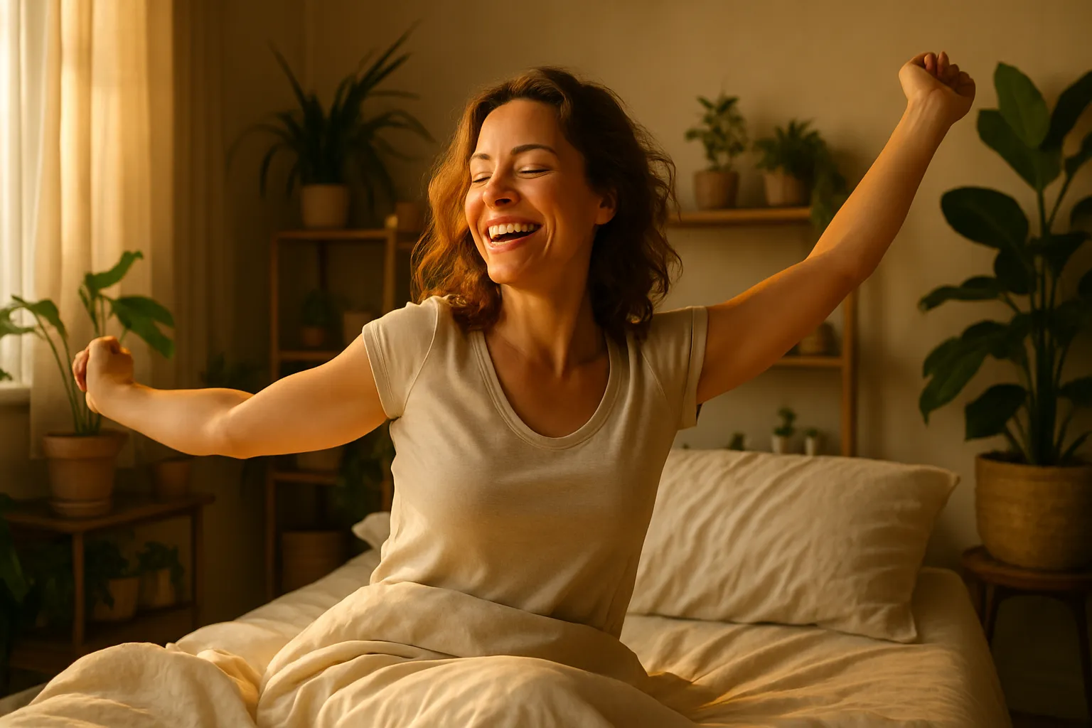 Mulher acordando naturalmente revigorada demonstrando sinais de progesterona equilibrada e bem-estar hormonal