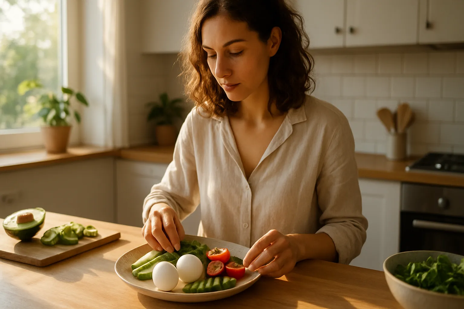 Mulher preparando conscientemente café da manhã rico em proteínas com ovos, abacate e vegetais frescos em cozinha moderna iluminada por luz natural matinal