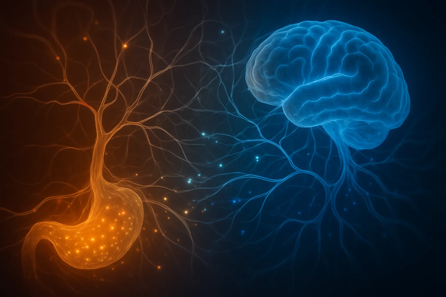 Visualização artística conceitual mostrando vias neurais brilhantes com partículas luminescentes representando sinais de saciedade da nesfatina, em gradiente de tons âmbar (fome) para azul (saciedade), estética editorial científica premium