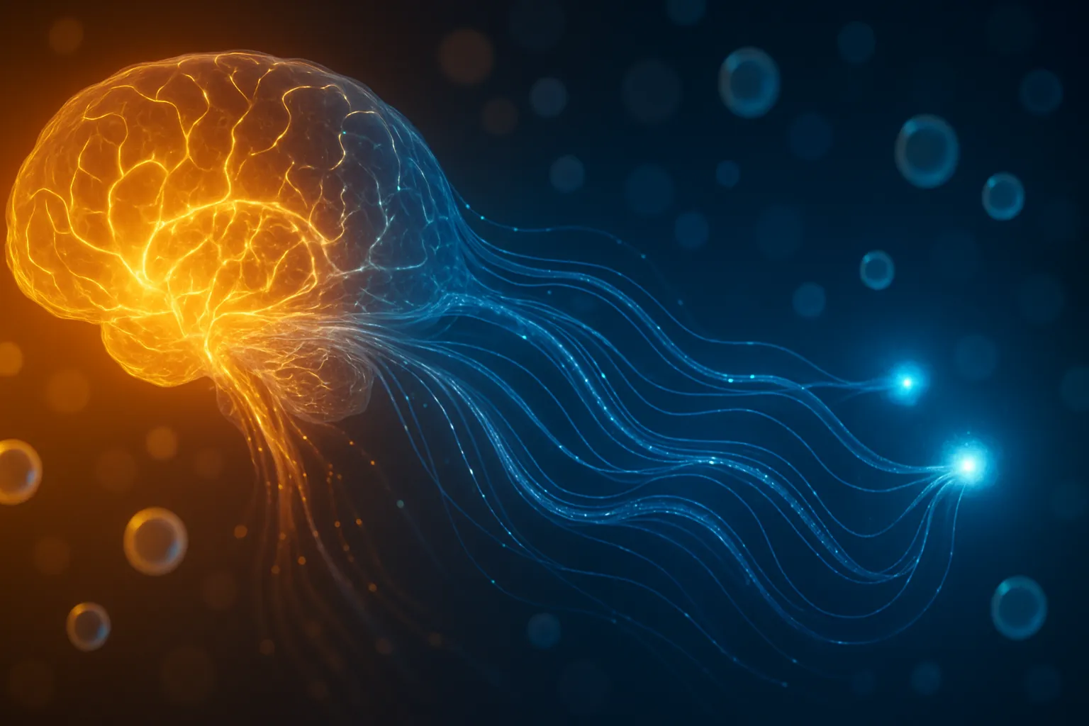 Visualização artística conceitual da cascata neural do neuropeptídeo Y, mostrando gradiente de cores quentes (âmbar) transformando-se em tons frios (azul profundo) com partículas luminosas fluindo, representando a transformação de estresse em sinais de apetite no cérebro