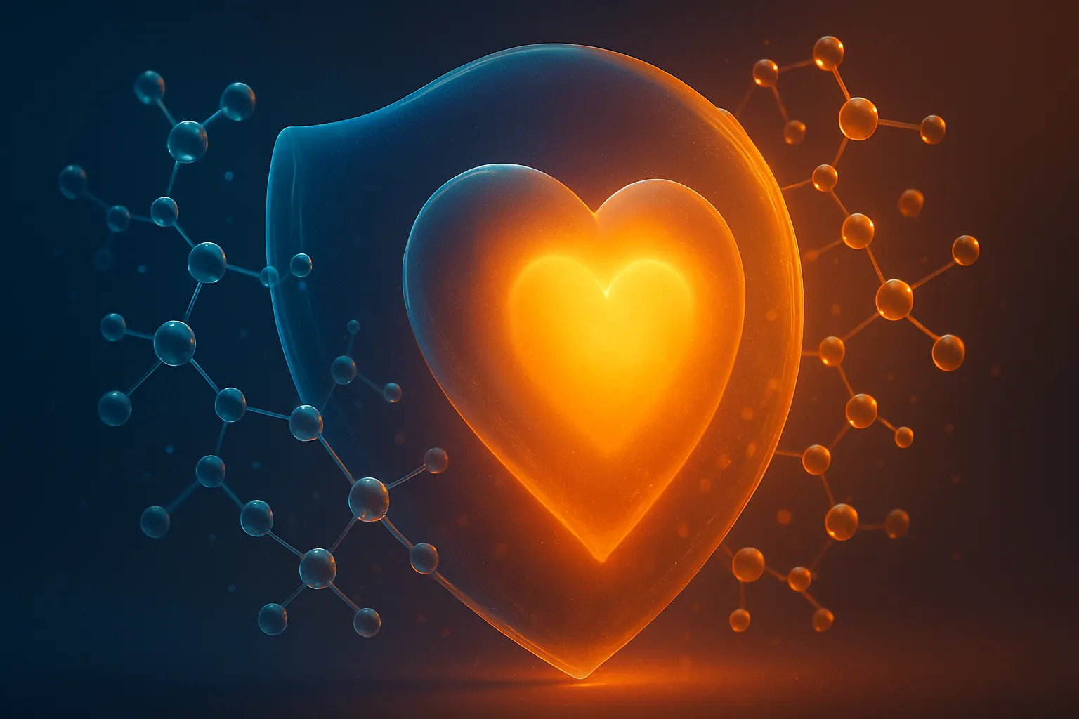 Visualização conceitual da proteção cardiovascular da omentina com escudo luminoso gradiente envolvendo fonte de luz em forma de coração e partículas moleculares interconectadas