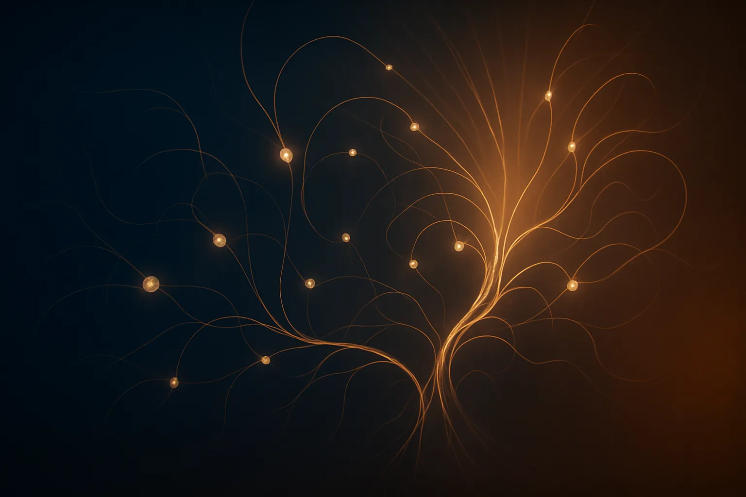 Visualização artística conceitual de vias neurais luminosas em gradiente azul-âmbar representando o sistema de orexina orquestrando os ciclos de sono e vigília no hipotálamo