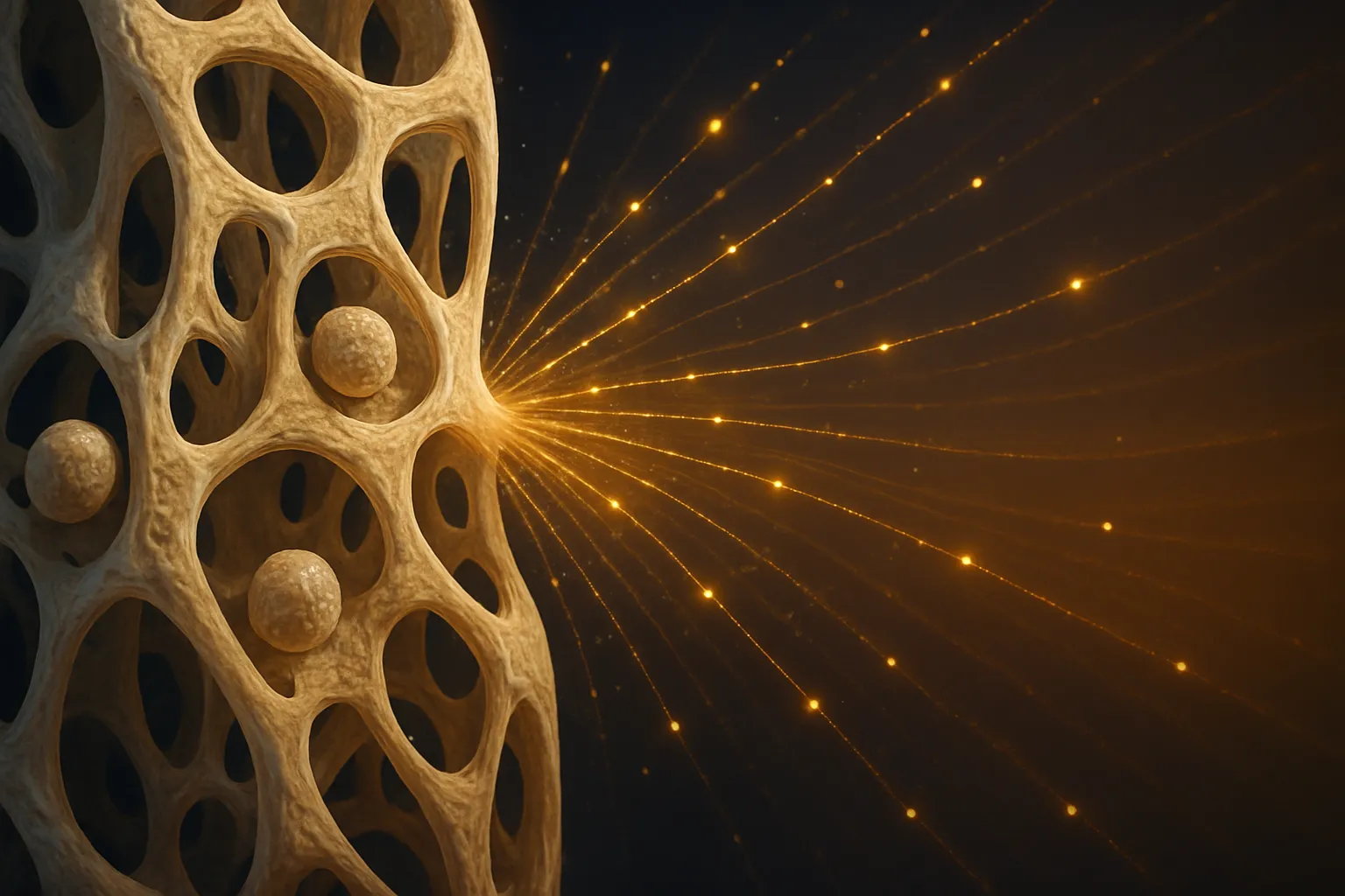 Visualização conceitual artística da osteocalcina como hormônio: estrutura trabecular óssea com partículas douradas representando sinalização hormonal para órgãos distantes, estética editorial científica premium