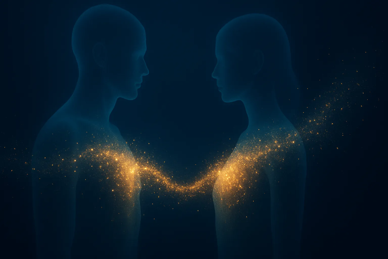 Representação conceitual artística da ocitocina como química da conexão: duas silhuetas humanas translúcidas conectadas por fluxos dourados de partículas luminosas ao nível do coração, simbolizando o vínculo bioquímico do hormônio do amor