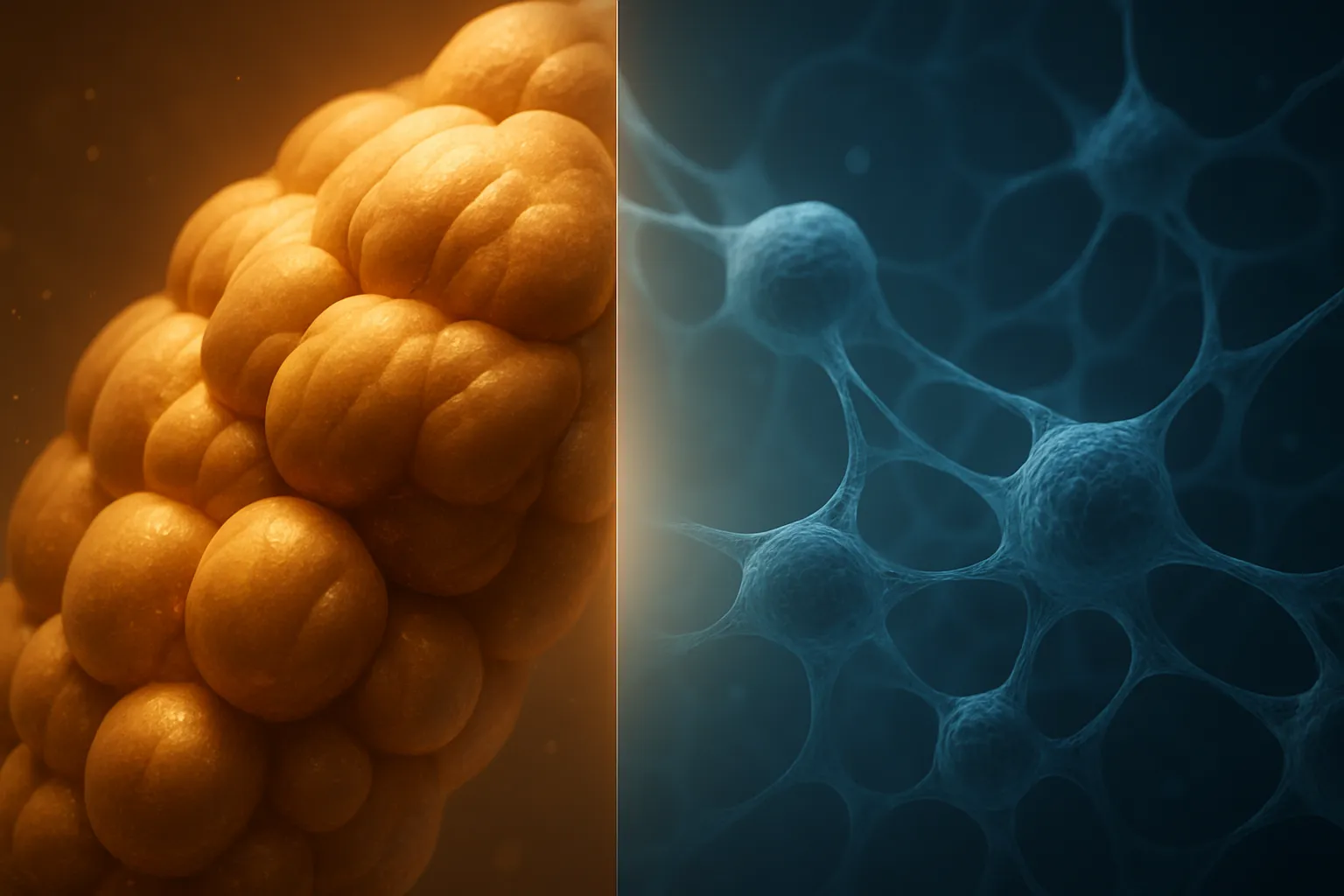 Visualização artística conceitual do paradoxo do IGF-1 mostrando composição dividida entre crescimento muscular em tons dourados e longevidade celular em azul profundo, representando o equilíbrio entre anabolismo e autofagia