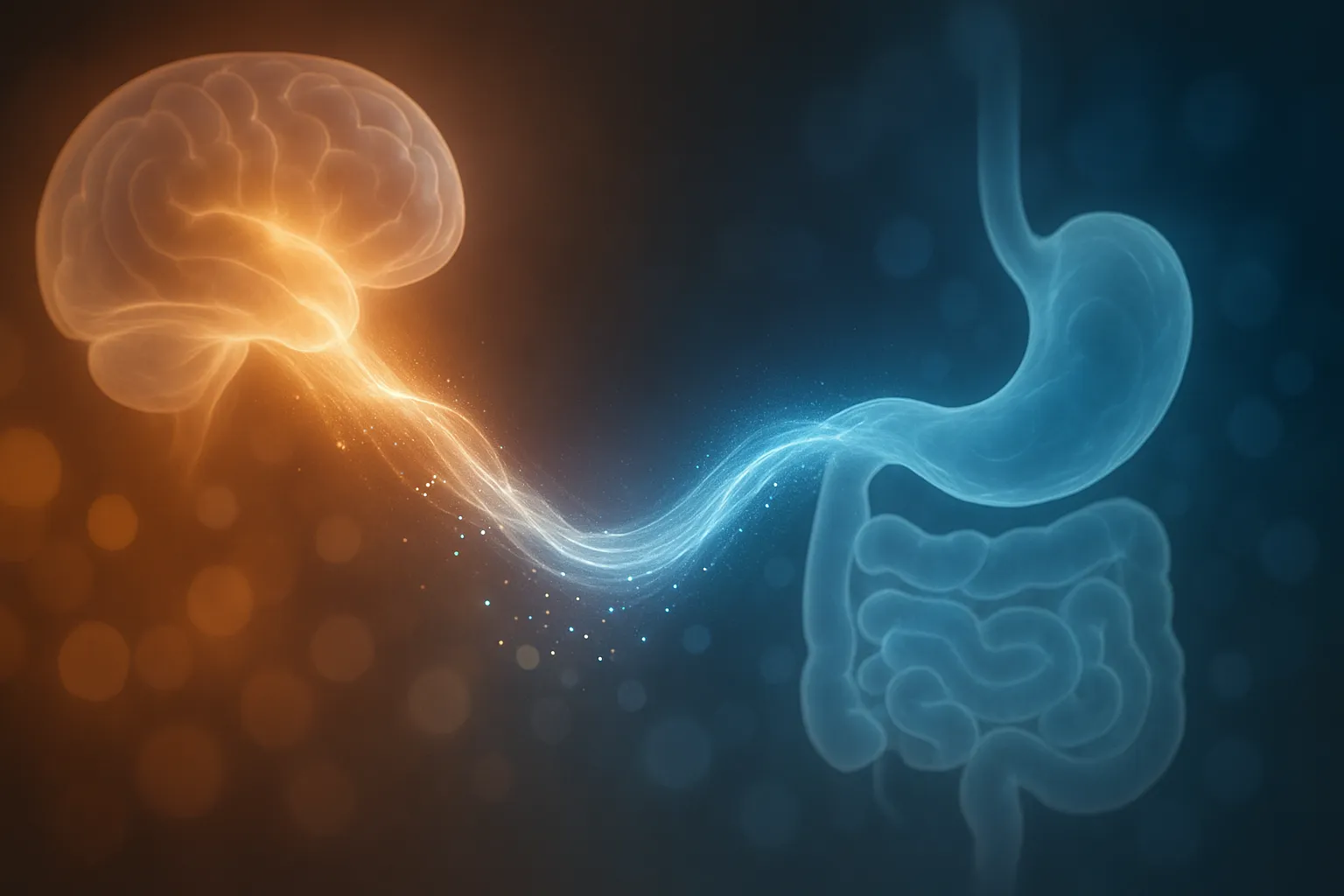Representação artística conceitual da comunicação entre cérebro e intestino através do peptídeo YY, mostrando transição visual de fome para saciedade em gradiente âmbar para azul
