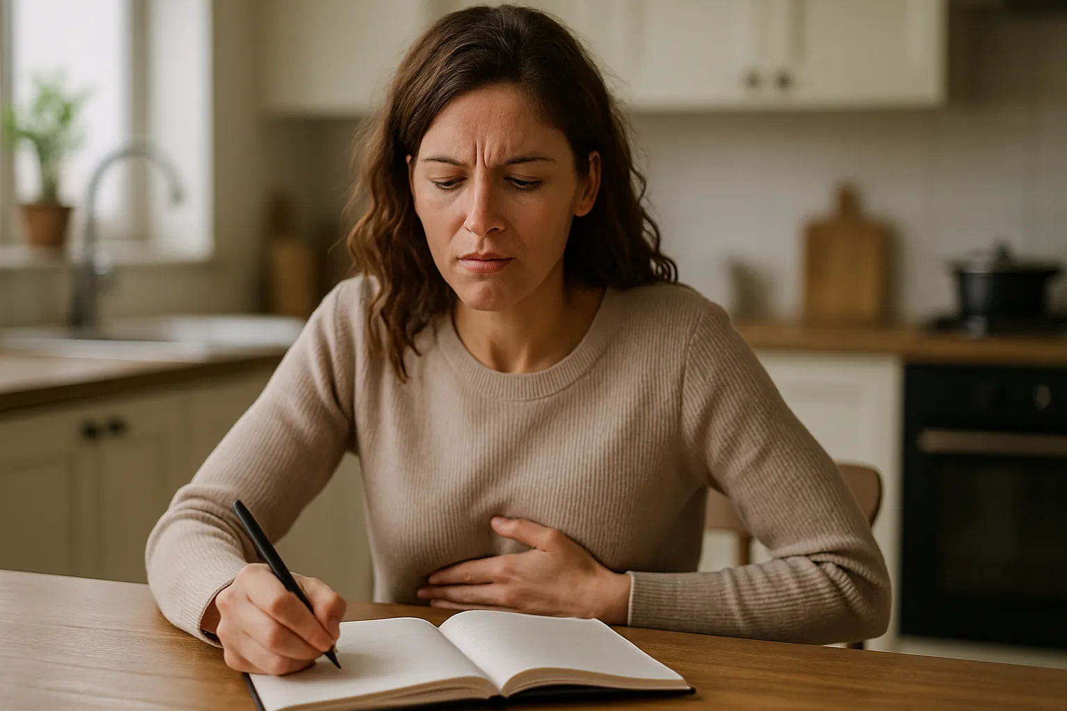 Mulher em casa observando e anotando sintomas de sensibilidade aos salicilatos em diário alimentar