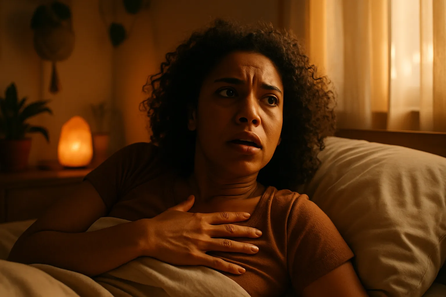 Mulher acordada de madrugada com expressão ansiosa demonstrando sintomas de ansiedade noturna e insônia