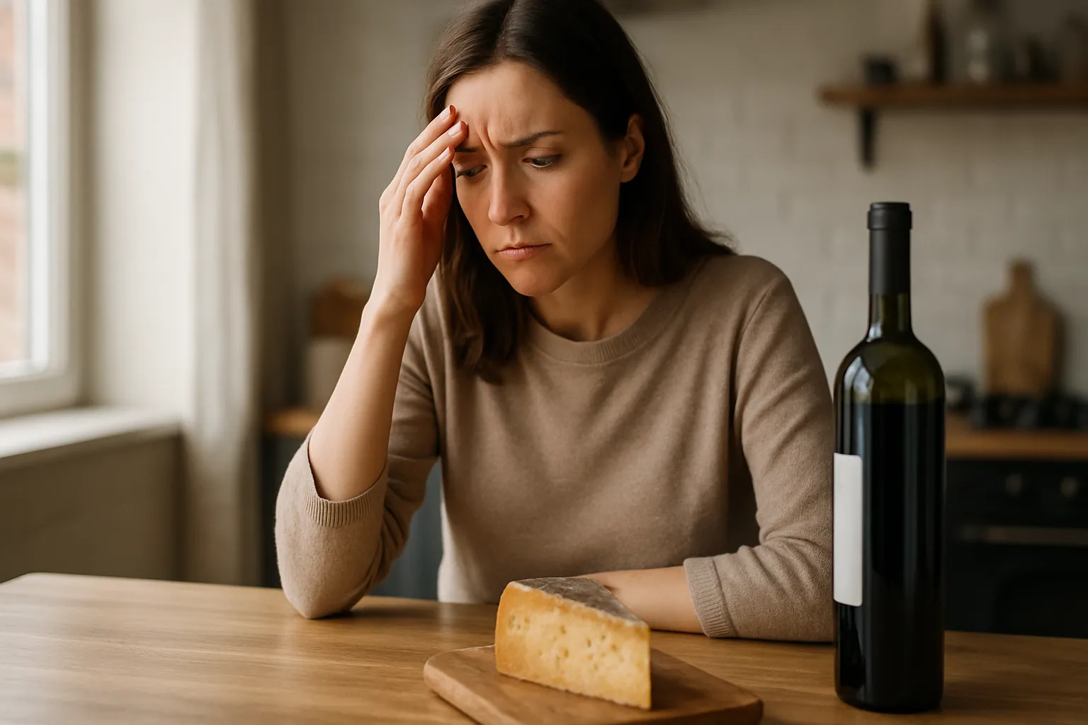 Mulher tocando a testa com expressão de dor enquanto observa alimentos ricos em aminas biogênicas sobre a mesa da cozinha