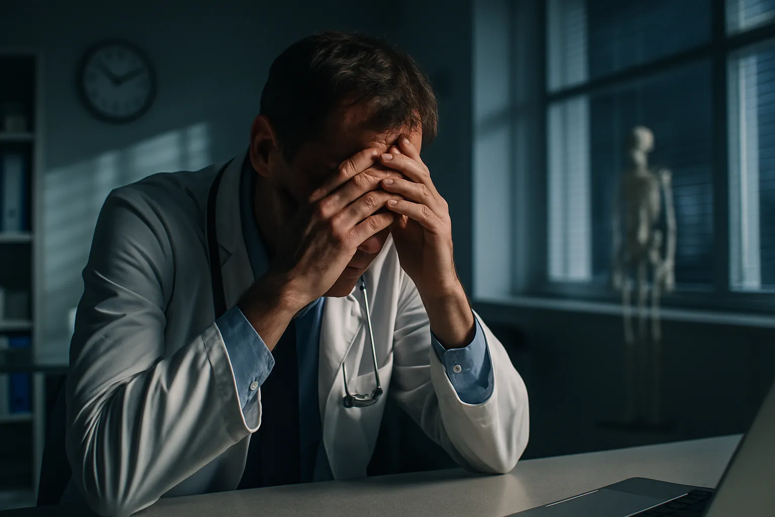 Pessoa exausta demonstrando sinais visíveis de estresse crônico e desregulação do cortisol, sentada em ambiente clínico contemporâneo com iluminação natural