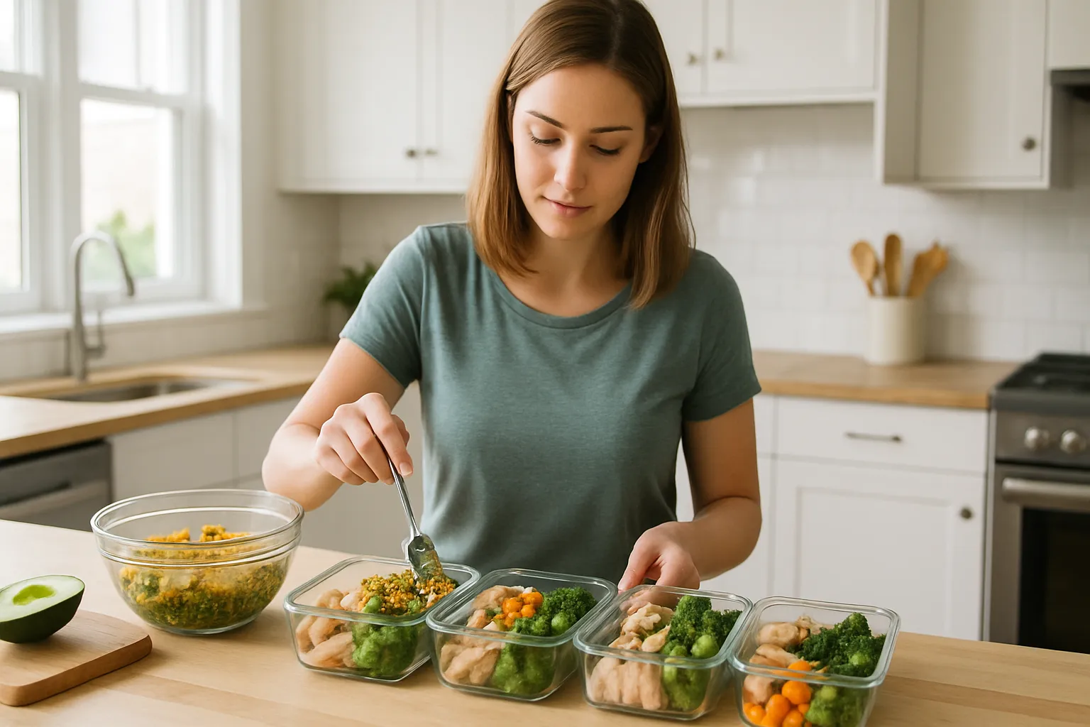 Pessoa preparando uma refeição saudável sem glúten em uma cozinha bem iluminada, mostrando ingredientes naturais e grãos alternativos