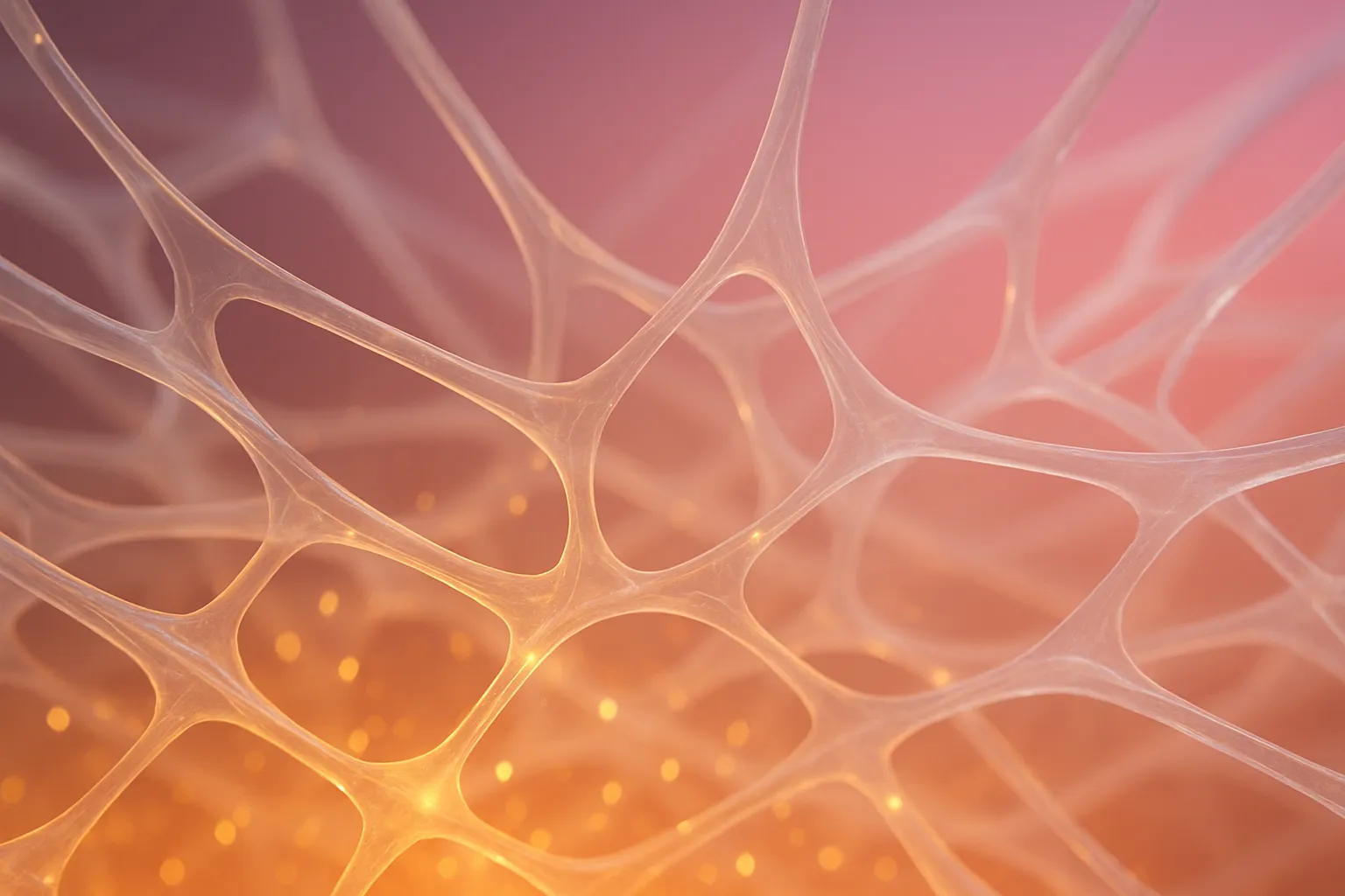 Visualização artística de rede de fibras de colágeno translúcidas com partículas douradas de luz fluindo através da estrutura, representando regeneração e firmeza da pele em tons âmbar e rosa