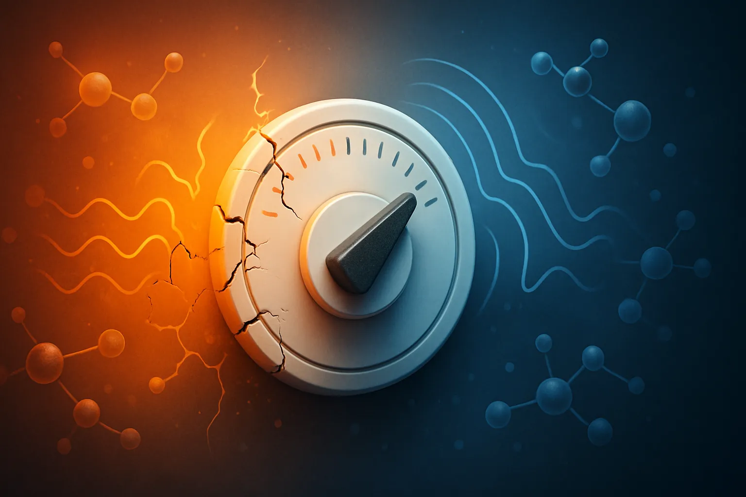Metáfora visual de termostato quebrado com ondas de sinal interrompidas em gradiente de laranja quente a azul frio representando resistência à leptina