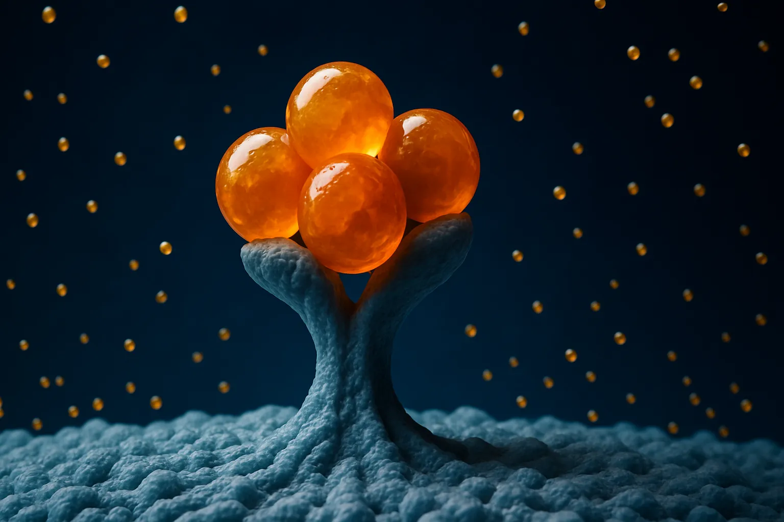 Visualização conceitual artística mostrando esferas de proteína resistina em cor âmbar bloqueando receptores celulares de insulina, com partículas de glicose dispersas em fundo azul gradiente, representando o mecanismo de resistência insulínica