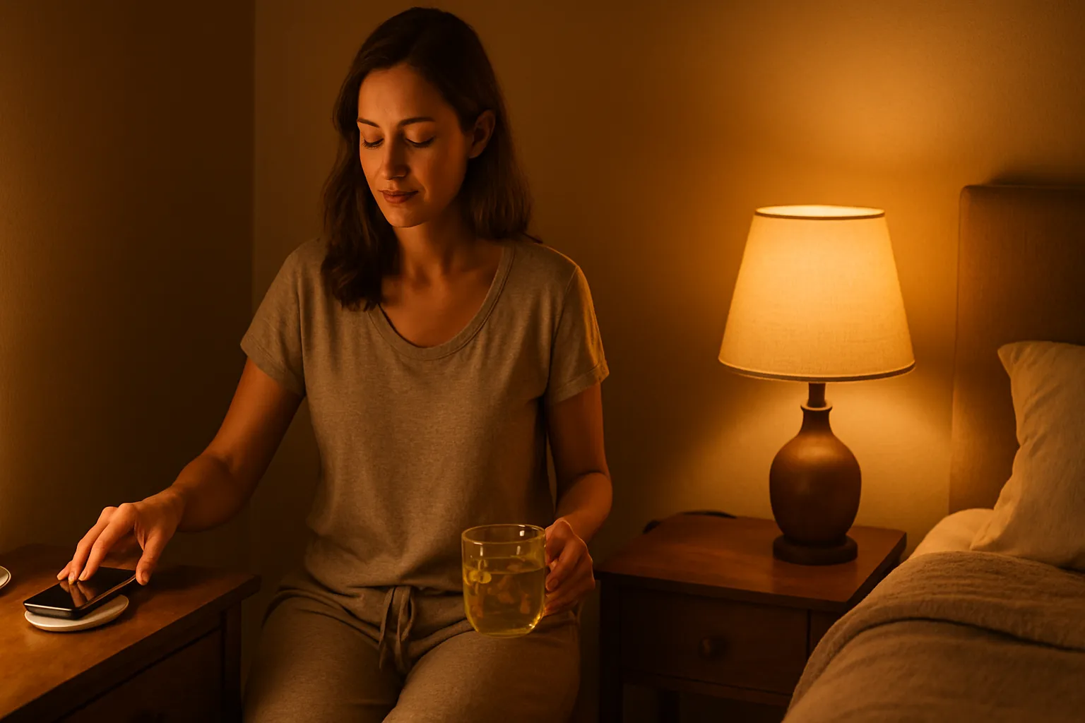 Mulher estabelecendo rotina noturna saudável em quarto com iluminação âmbar, colocando smartphone longe e preparando chá de ervas para otimizar produção natural de melatonina