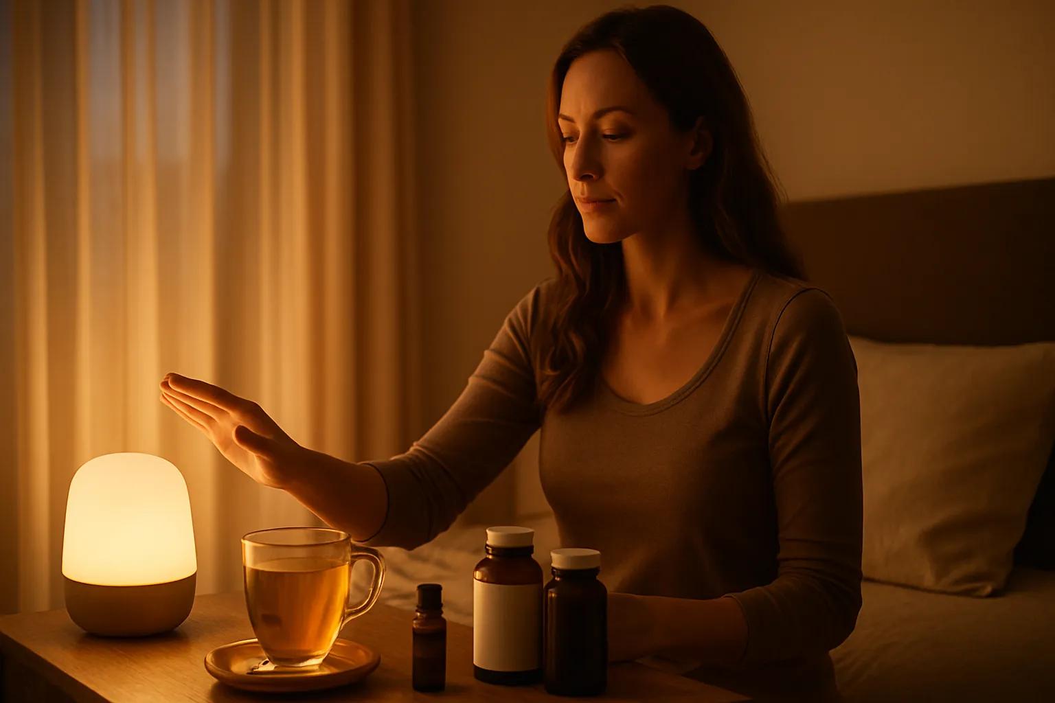 Mulher estabelecendo rotina noturna calmante em quarto com iluminação suave, ajustando luzes inteligentes e preparando suplemento de magnésio com chá de ervas, luz dourada natural filtrando através de cortinas translúcidas