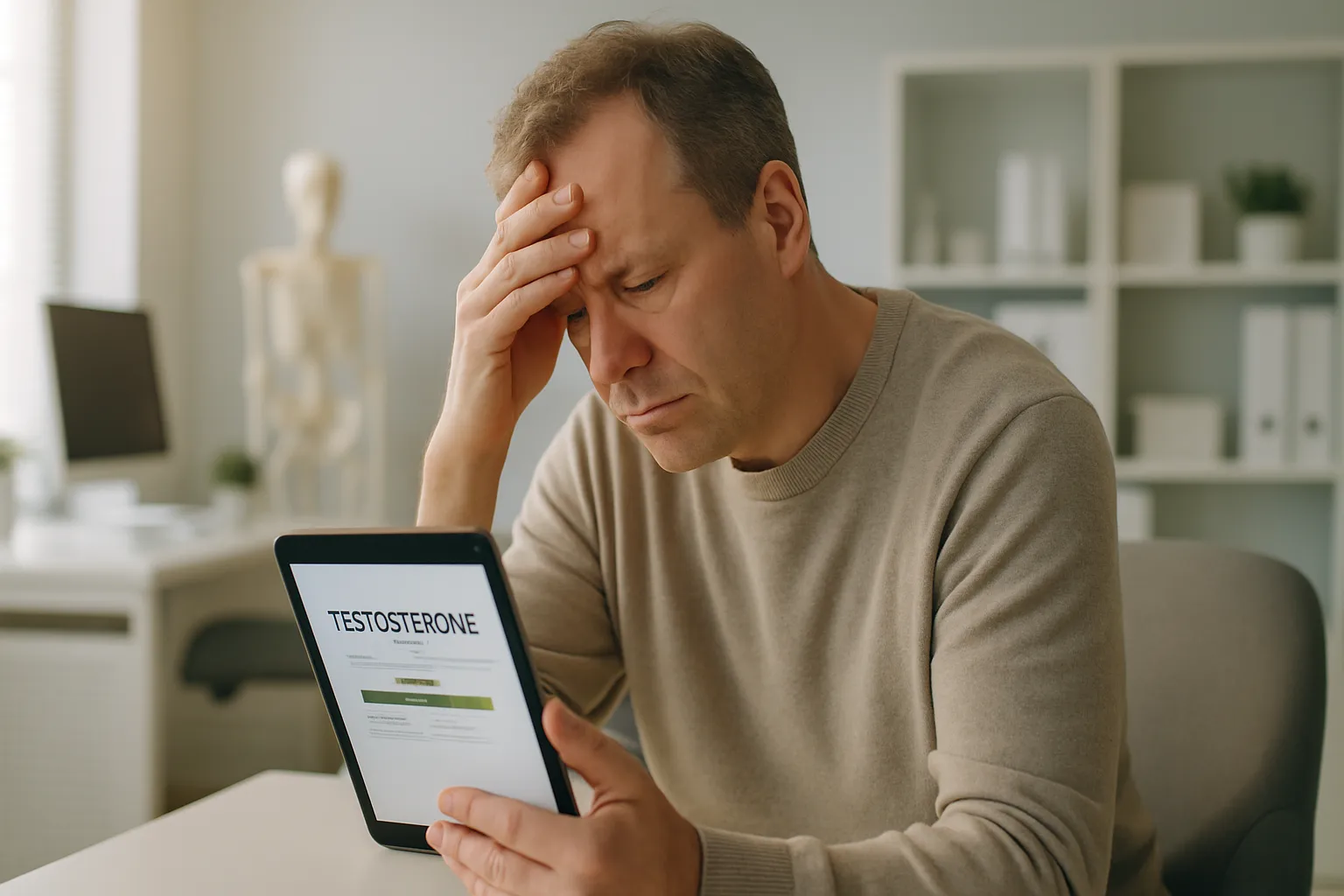Homem analisando exames de testosterona com expressão de frustração, representando o problema de SHBG alto que sequestra hormônios mesmo com resultados aparentemente normais