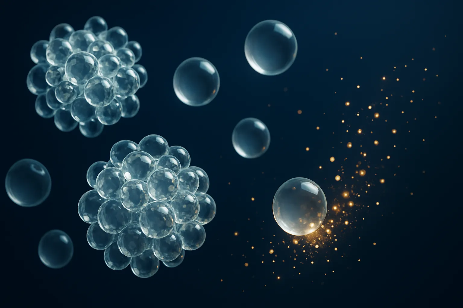 Visualização conceitual artística mostrando esferas translúcidas representando hormônios, algumas aprisionadas em estruturas cristalinas maiores (ligação SHBG) e outras flutuando livremente como partículas douradas em gradiente azul profundo, simbolizando o conceito de testosterona livre versus ligada