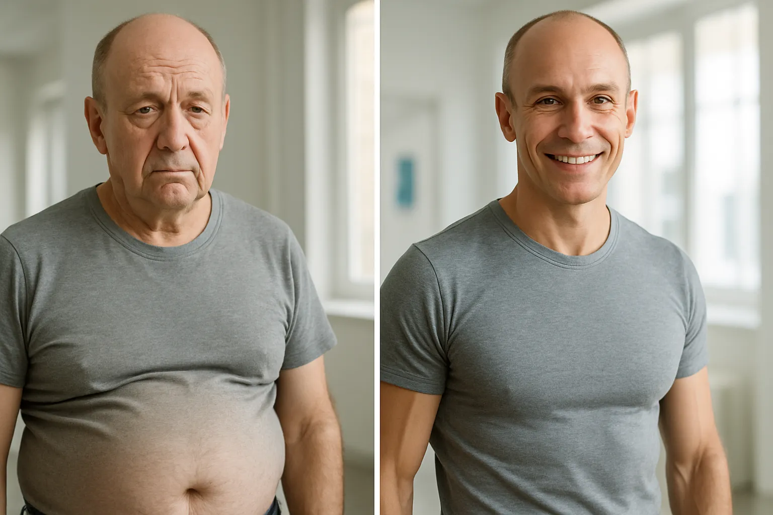 Comparação visual mostrando sinais de declínio do hormônio do crescimento: flacidez, perda muscular e gordura abdominal versus pele firme, músculos definidos e vitalidade