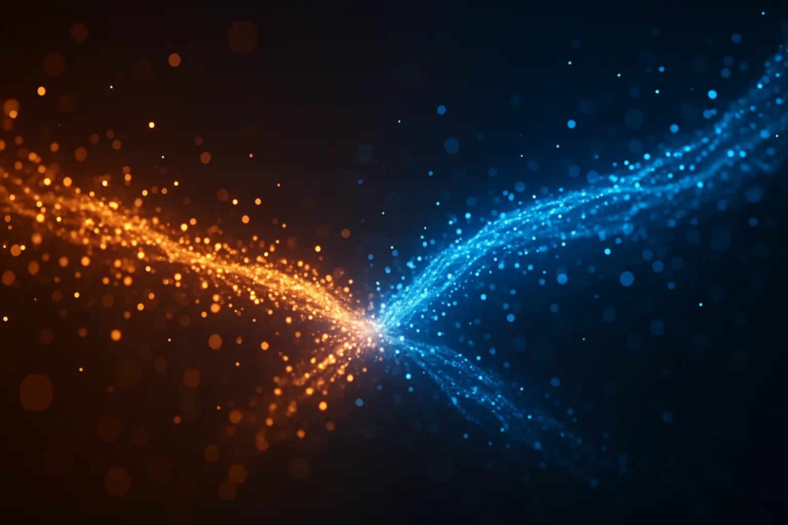 Visualização artística conceitual mostrando duas correntes luminosas de partículas (representando hormônios GIP e GLP-1) convergindo e entrelaçando-se em fluxo dinâmico, simbolizando sinergia metabólica hormonal