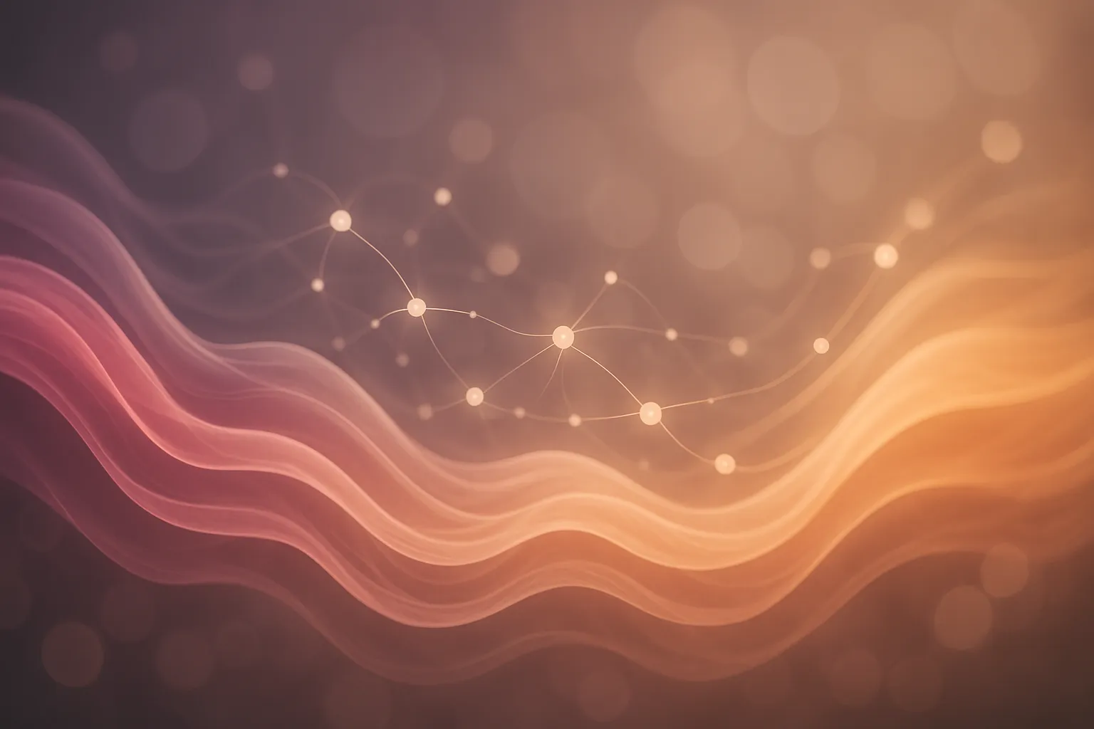 Visualização artística conceitual de flutuações hormonais de estrogênio ao longo do ciclo menstrual, representada por ondas gradientes em tons de rosa profundo transitando para âmbar suave, com partículas interconectadas simbolizando conexões de neurotransmissores