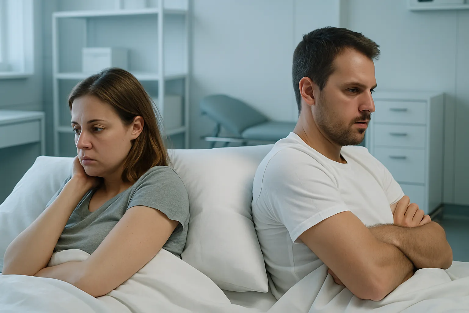 Casal deitado de costas um para o outro na cama demonstrando distanciamento emocional e baixa libido