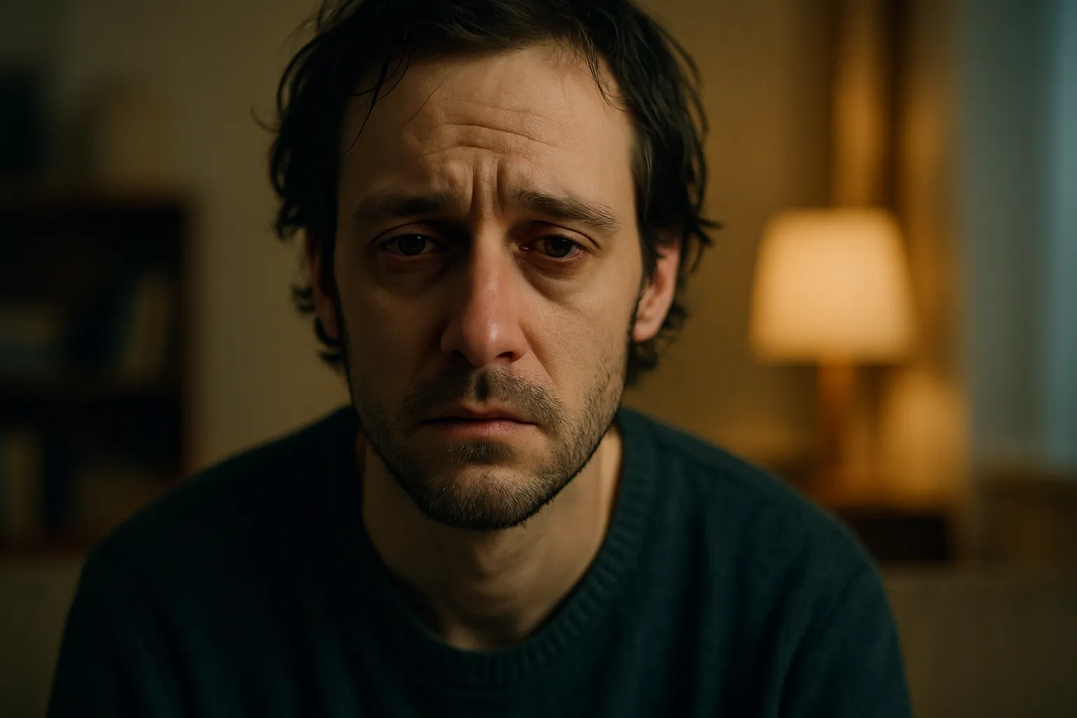 Close-up de pessoa mostrando sinais visíveis de depressão com expressão de profunda tristeza e fadiga emocional