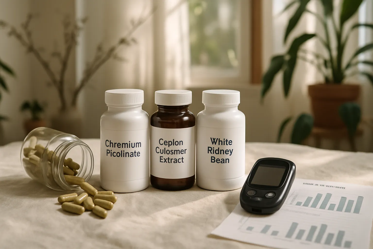 Display profissional de suplementos para controle de compulsão alimentar incluindo cromo picolinato, canela do Ceilão e feijão branco com medidor de glicose em ambiente clínico