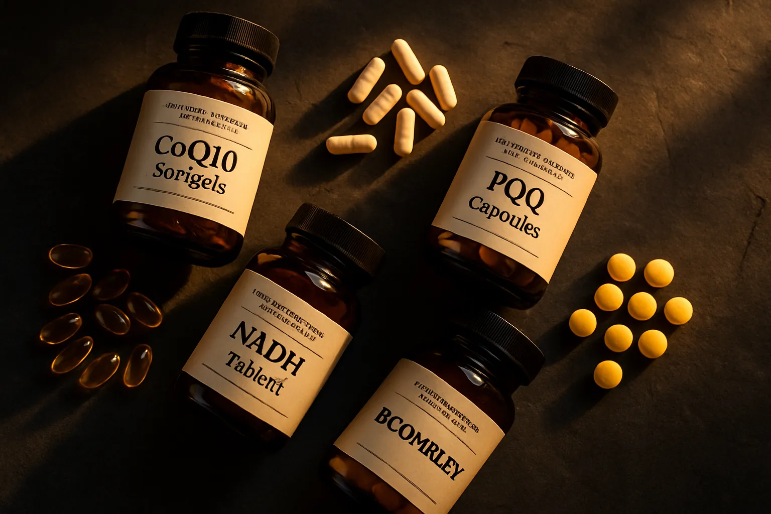 Suplementos para energia celular incluindo CoQ10, PQQ, NADH e complexo B organizados em superfície de pedra escura com iluminação dourada lateral