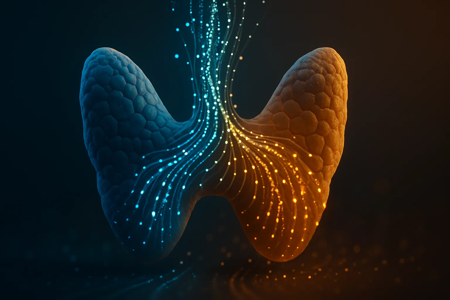 Visualização conceitual artística da glândula tireoide em formato de borboleta com partículas luminosas representando a cascata hormonal TSH, T3 e T4 em tons de azul a âmbar, simbolizando regulação metabólica e equilíbrio endócrino