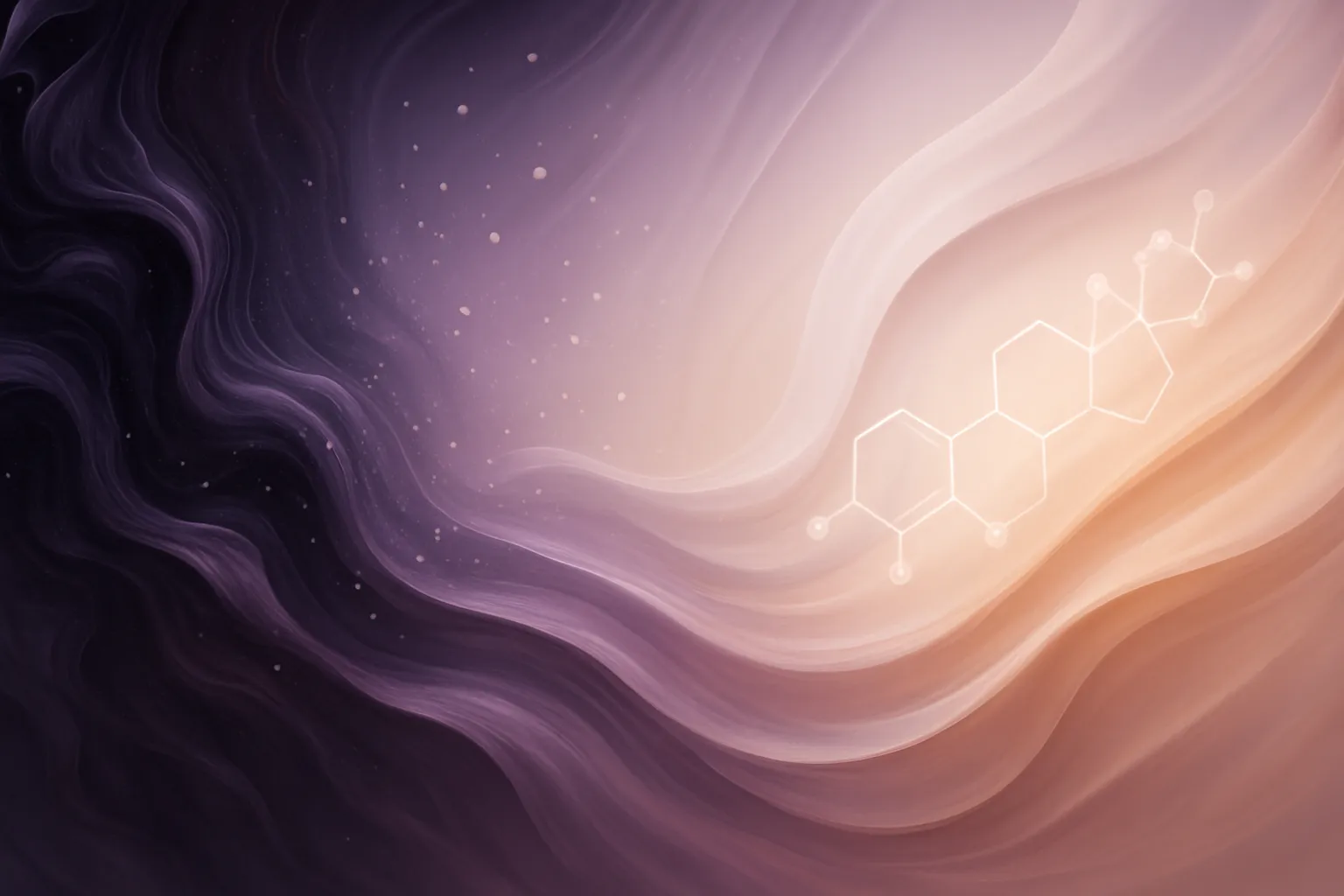 Visualização artística da transformação hormonal mostrando gradiente fluido de tons roxo escuro turbulentos transitando para lavanda suave e âmbar, representando o efeito calmante da progesterona no equilíbrio hormonal