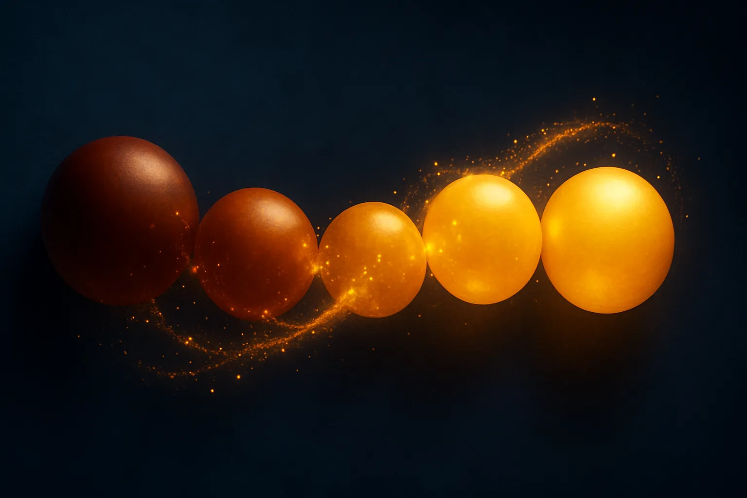 Visualização artística conceitual mostrando esferas em gradiente de âmbar escuro a dourado vibrante, representando a transformação metabólica integrada do Protocolo Rigatti ao longo de 90 dias através da otimização hormonal