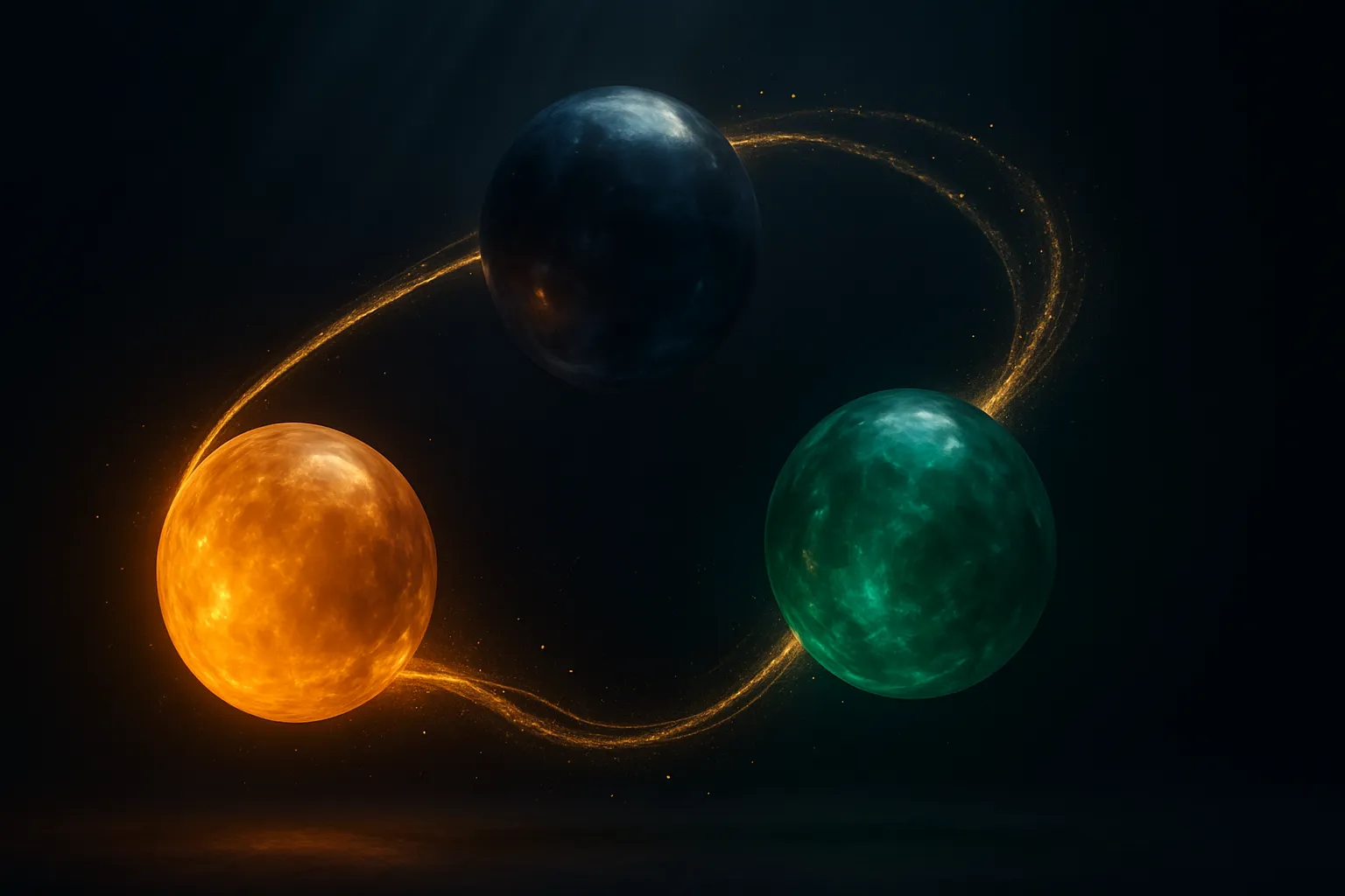 Visualização conceitual premium mostrando três esferas luminosas interconectadas representando o sistema hormonal-sono-metabolismo em fundo escuro gradiente com efeitos de luz editorial