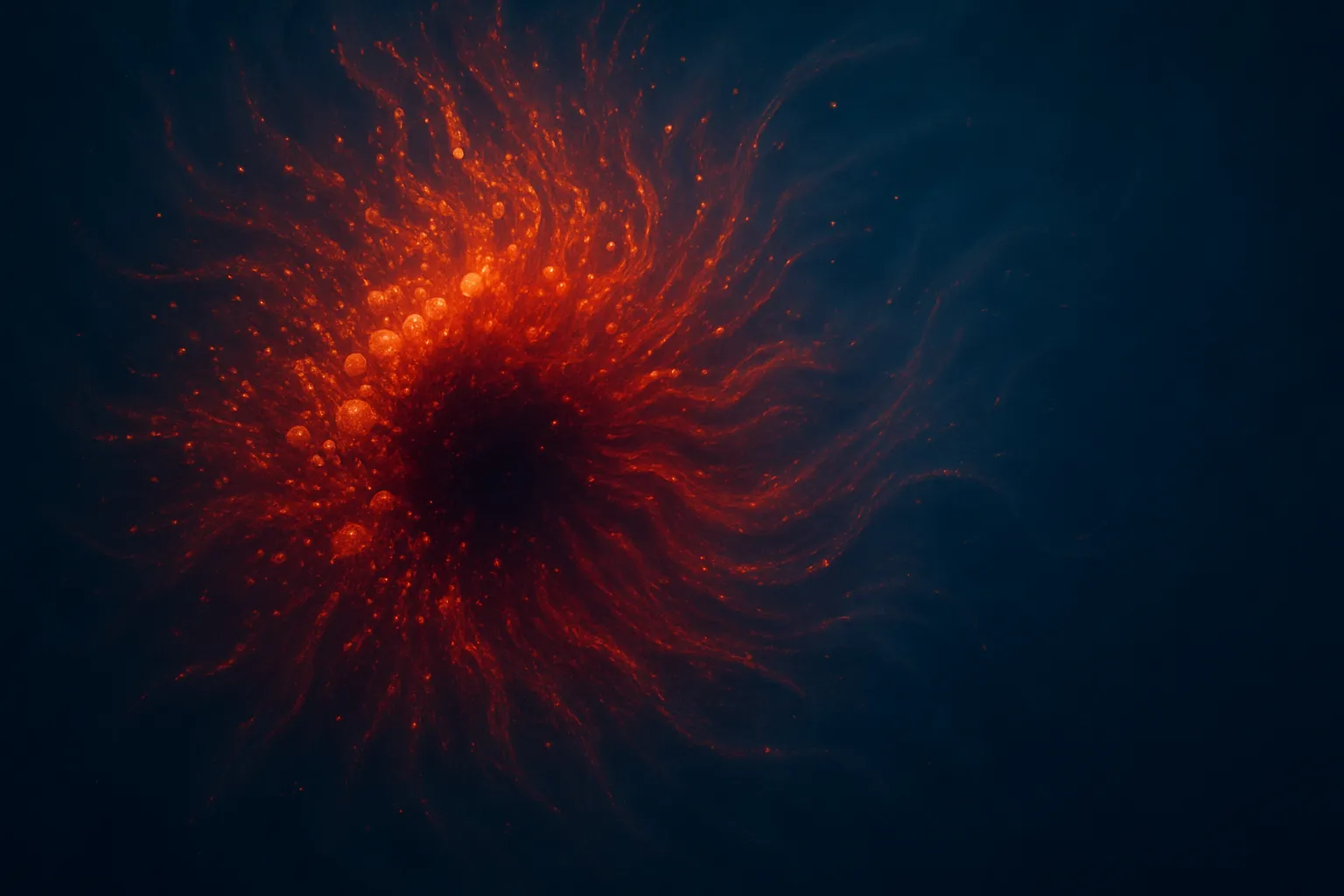 Visualização conceitual artística da inflamação visceral mostrando partículas em gradiente âmbar e vermelho emanando de núcleo escuro representando tecido adiposo liberando moléculas inflamatórias