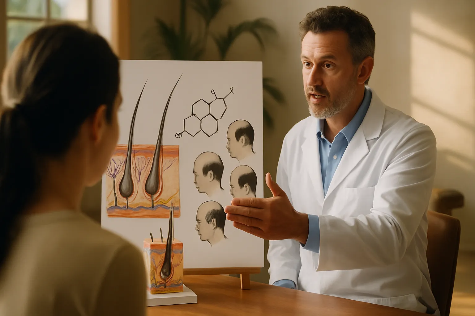 Visualização médica educativa mostrando o processo de miniaturização dos folículos capilares e padrões de rarefação capilar causados por desequilíbrios hormonais, com modelo anatômico do couro cabeludo