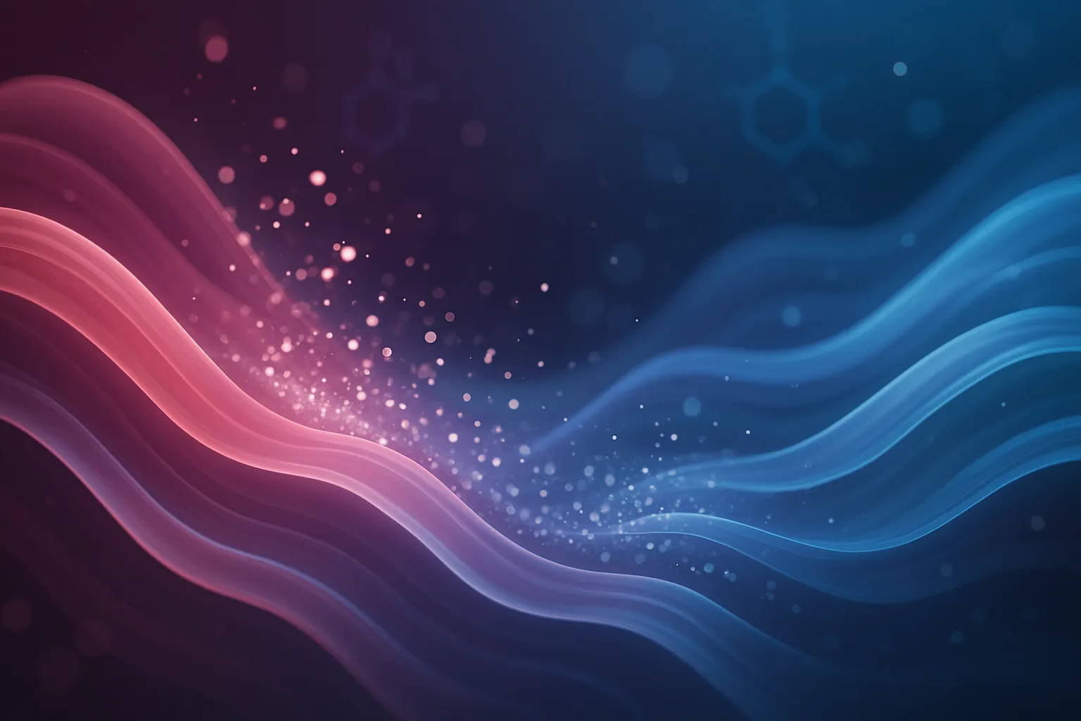 Visualização artística abstrata de flutuações hormonais de estrogênio durante o ciclo menstrual, representada por fitas gradientes em tons de rosa profundo e azul, com partículas etéreas simbolizando cascata inflamatória associada à enxaqueca hormonal