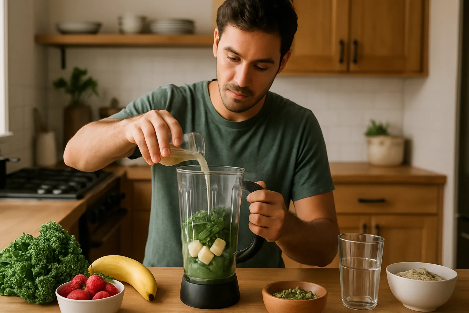 Pessoa preparando smoothie nutritivo em cozinha doméstica para saúde intestinal e regulação da zonulina