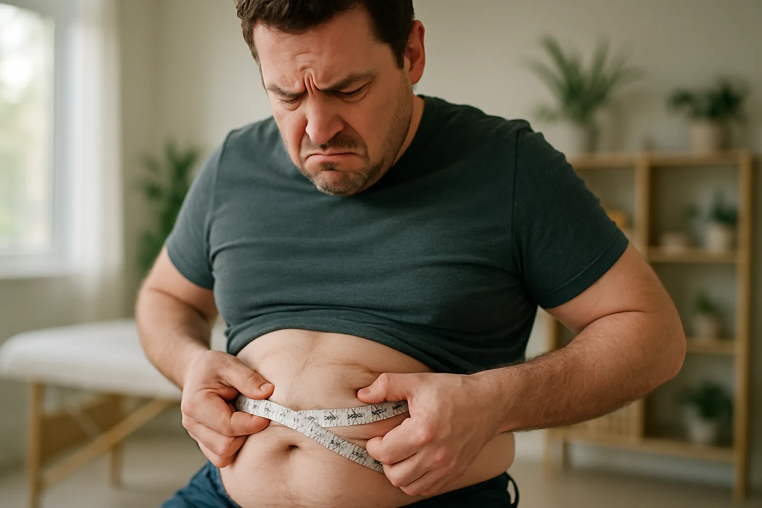 Pessoa medindo gordura abdominal visceral com fita métrica, ilustrando o acúmulo de tecido adiposo relacionado aos baixos níveis de adiponectina